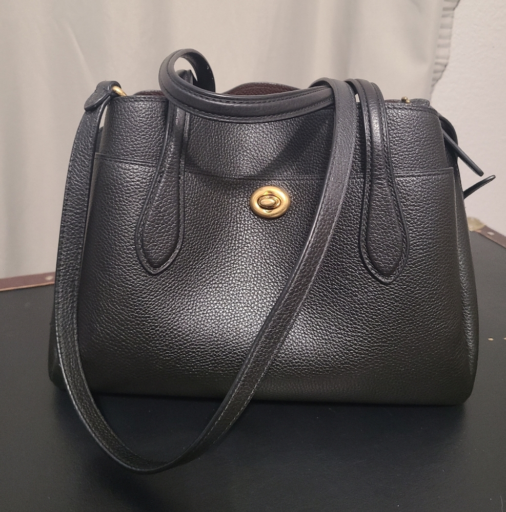 Coach Black and Brown Polished Pebble Leather Lora Carryall 30 Brass Hardware - Picture 1 of 9